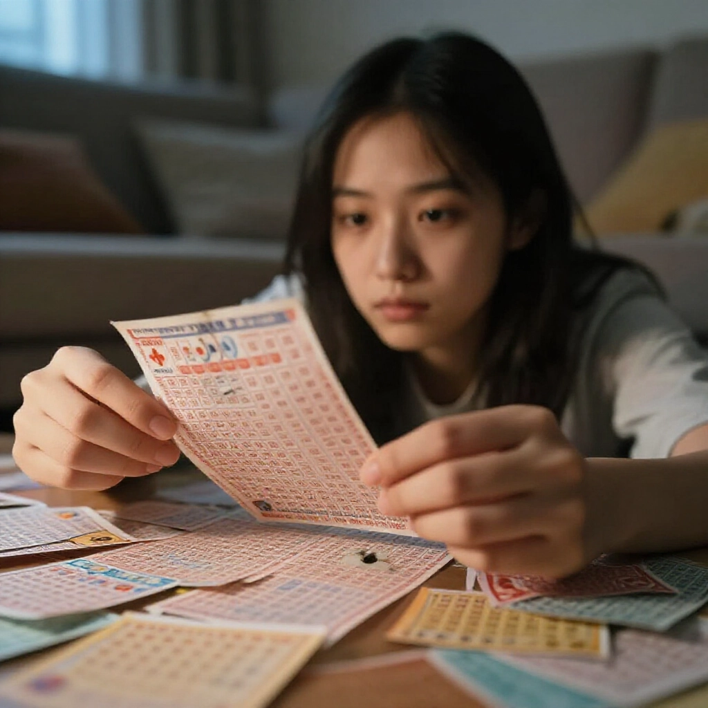 昏暗客廳年輕女子仔細檢視刮開的刮刮樂彩券，特寫露出 THO 和 TEN 等英文代碼，周圍散落彩色彩券碎片，若有所思的表情