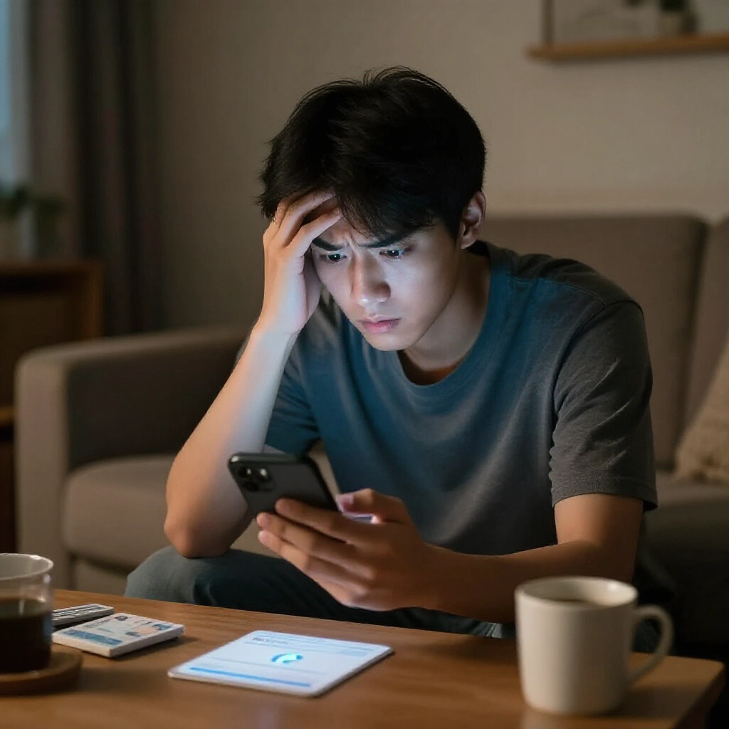 夜晚客廳中擔心上傳身分證的台灣年輕男子,手持智慧型手機盯著螢幕提示,表情緊張