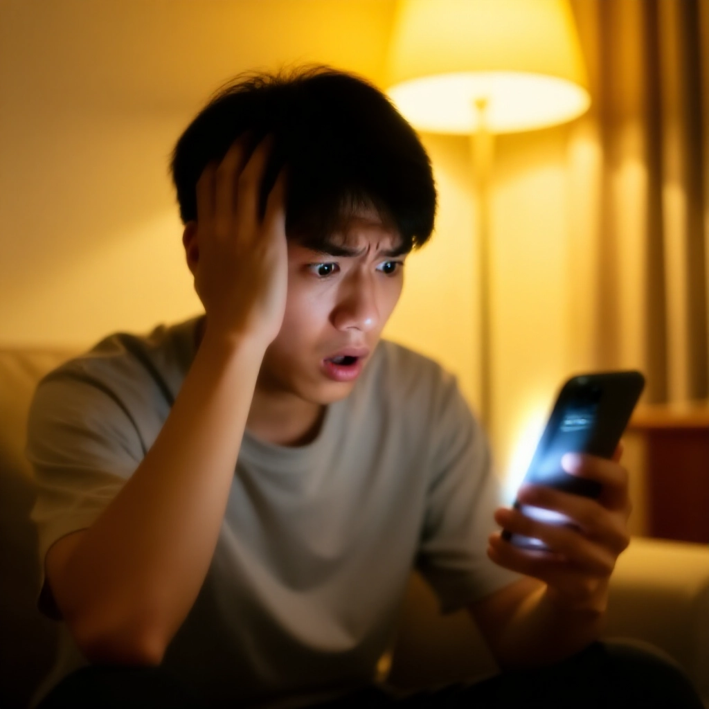 沮喪的台灣年輕男子在家盯著智慧型手機，畫面顯示擁擠的Line聊天群組推廣假百家樂投注方案，暖黃燈光下
