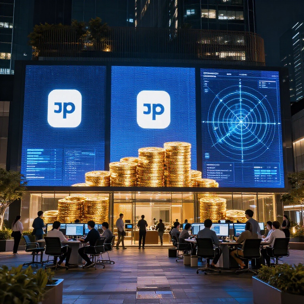 台北現代科技辦公室夜景，大螢幕顯示前三名平台標誌，金幣堆疊高聳，年輕專業人士在藍金燈光下分析雷達圖表