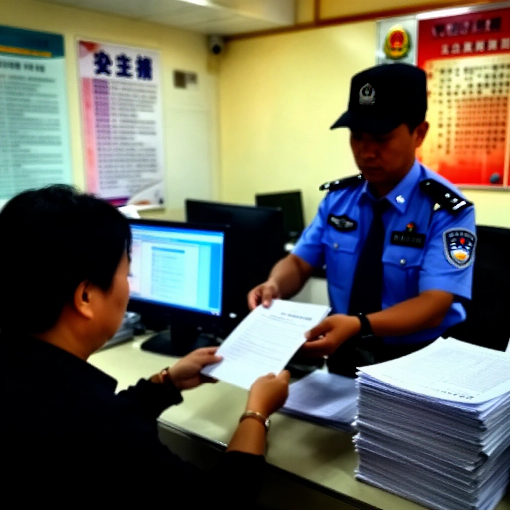 堅定的受害者在台灣警察局櫃檯遞交列印文件給制服警官，周圍堆滿案件檔案、反詐騙介面的螢幕和勵志海報，溫暖螢光燈光
