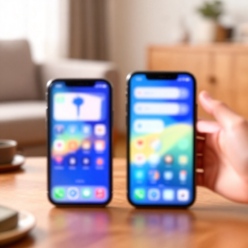 iPhone 與 Android 智慧型手機並排放在木桌子上，顯示生動的九州娛樂 App 下載介面，藍金色調，舒適台灣客廳，自然柔光，使用者興奮伸手觸碰
