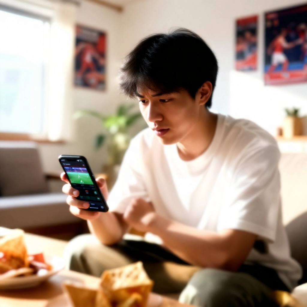 年輕台灣男子在明亮客廳,手持手機顯示運彩投注App介面,周圍有零食與運動海報,展現專注興奮與謹慎氛圍