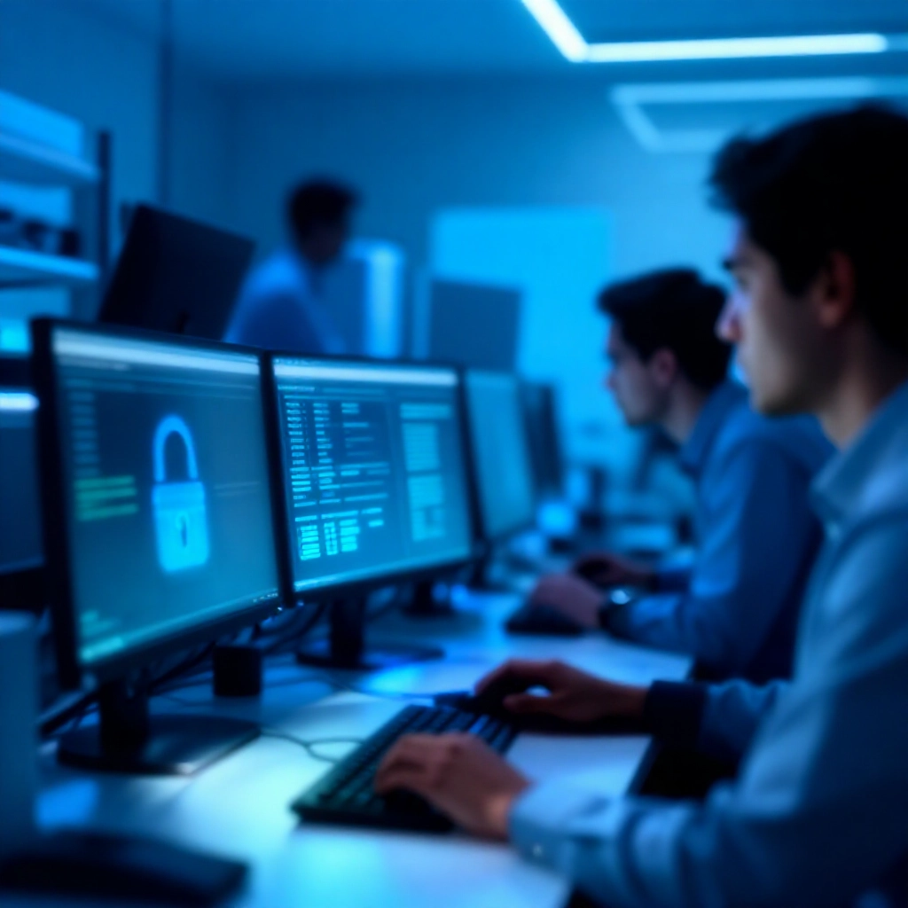 專業團隊在現代科技實驗室審視電腦螢幕,顯示網域名稱 Whois 資料、SSL 鎖頭、支付圖示與伺服器地圖,藍色環境燈光下專注氛圍