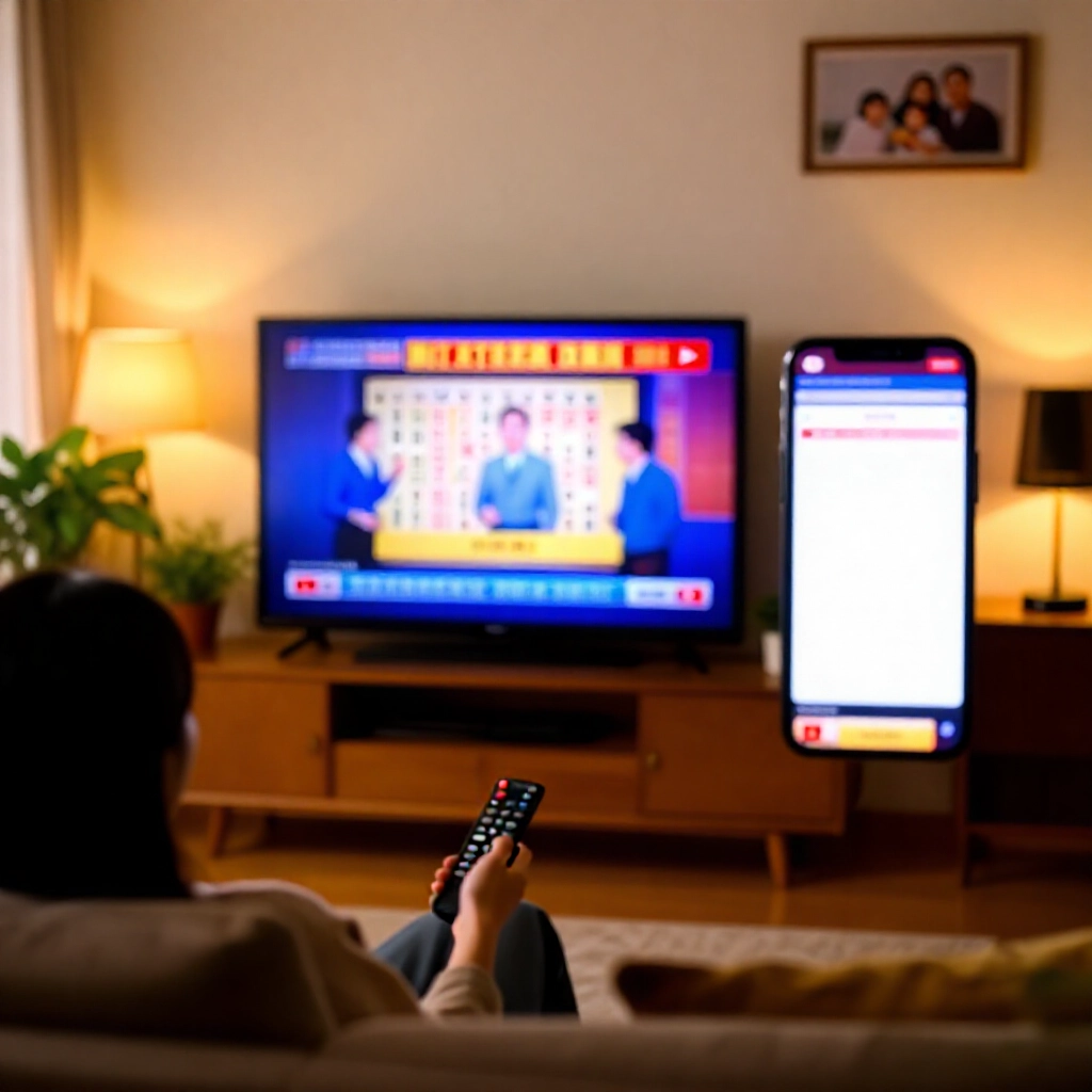 電視播出財經新聞樂透節目與手機YouTube直播畫面,客廳中觀眾悠閒觀看,營造溫馨台灣家庭氛圍