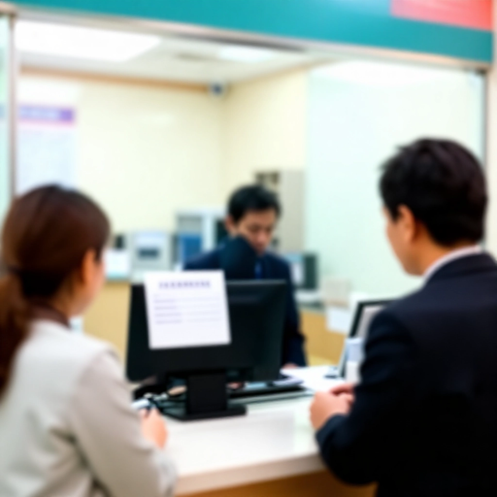 台灣現代明亮銀行分行櫃台，螢幕顯示凍結帳戶通知，焦慮客戶與職員討論中