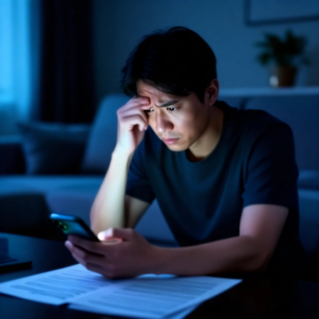 台灣三十多歲男子在昏暗現代客廳中，擔憂地盯著顯示博弈 App 的手機螢幕，桌上散落法律文件，冷藍色燈光營造緊張氛圍