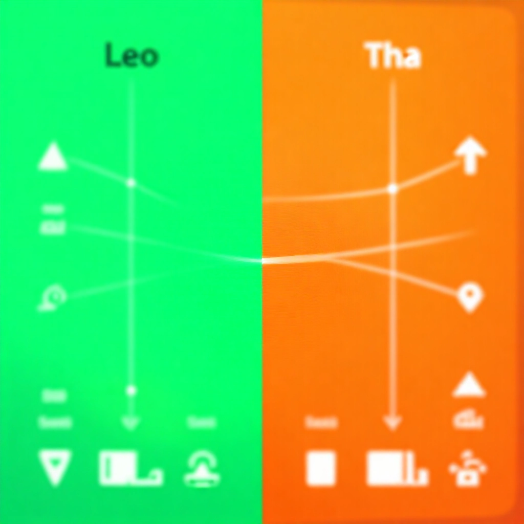 LEO與THA系統分割畫面比較圖，包含速度圖示、穩定度圖表與APP下載符號，LEO綠色THA橘色動態網路線