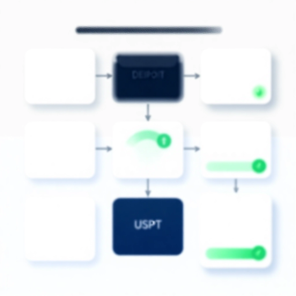 安全出金流程圖，從存款到 USDT 轉帳與銀行確認的步驟示意圖，現代介面綠色成功指標