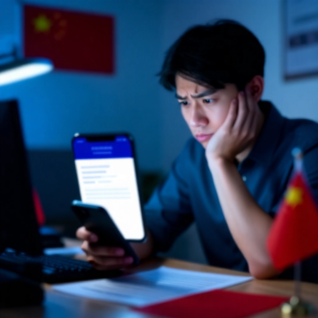 一位年輕台灣男子在昏暗家辦公室緊張盯著顯示法律警告彈出視窗的智慧型手機畫面，桌上放著模糊的台灣法院文件與國旗，藍色夜燈柔和照明
