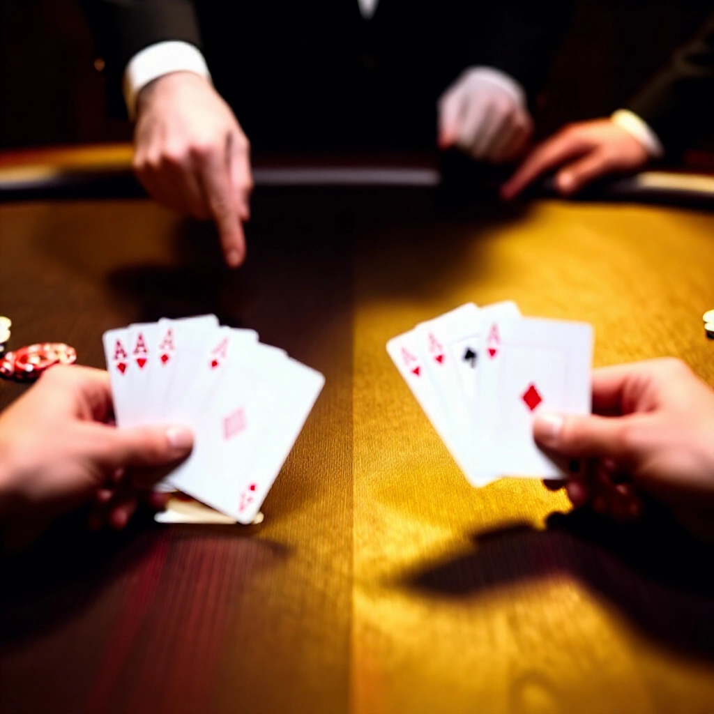 激烈21點場面，一手五張不爆組合對決一手Blackjack對A加10，黑暗木桌金色高光對比陰影，裁判果斷指向