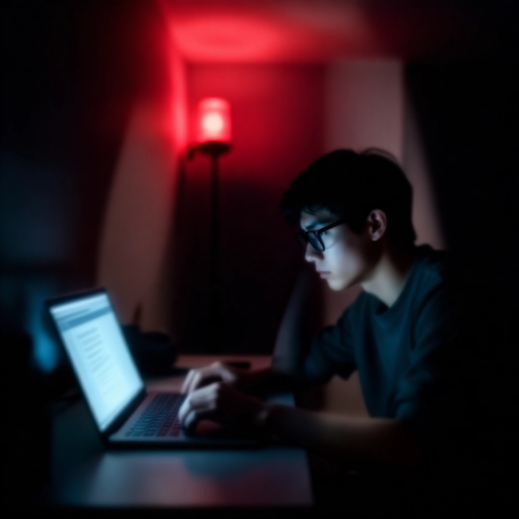 昏暗居家辦公室中,戴眼鏡年輕男子焦慮盯視發光筆電螢幕,顯示模糊詐騙名單,牆上陰影幢幢紅色警示燈閃爍,充滿數位危機氛圍