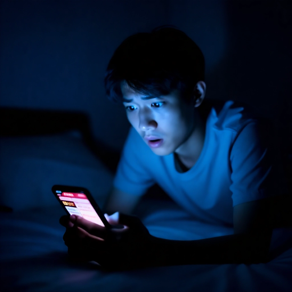深夜燈光昏暗的台灣臥室，年輕男子穿T恤焦慮地盯著智慧手機螢幕，滿是閃爍的線上百家樂廣告、LINE群組與假盈利截圖，詭異藍光映照他震驚的臉龐