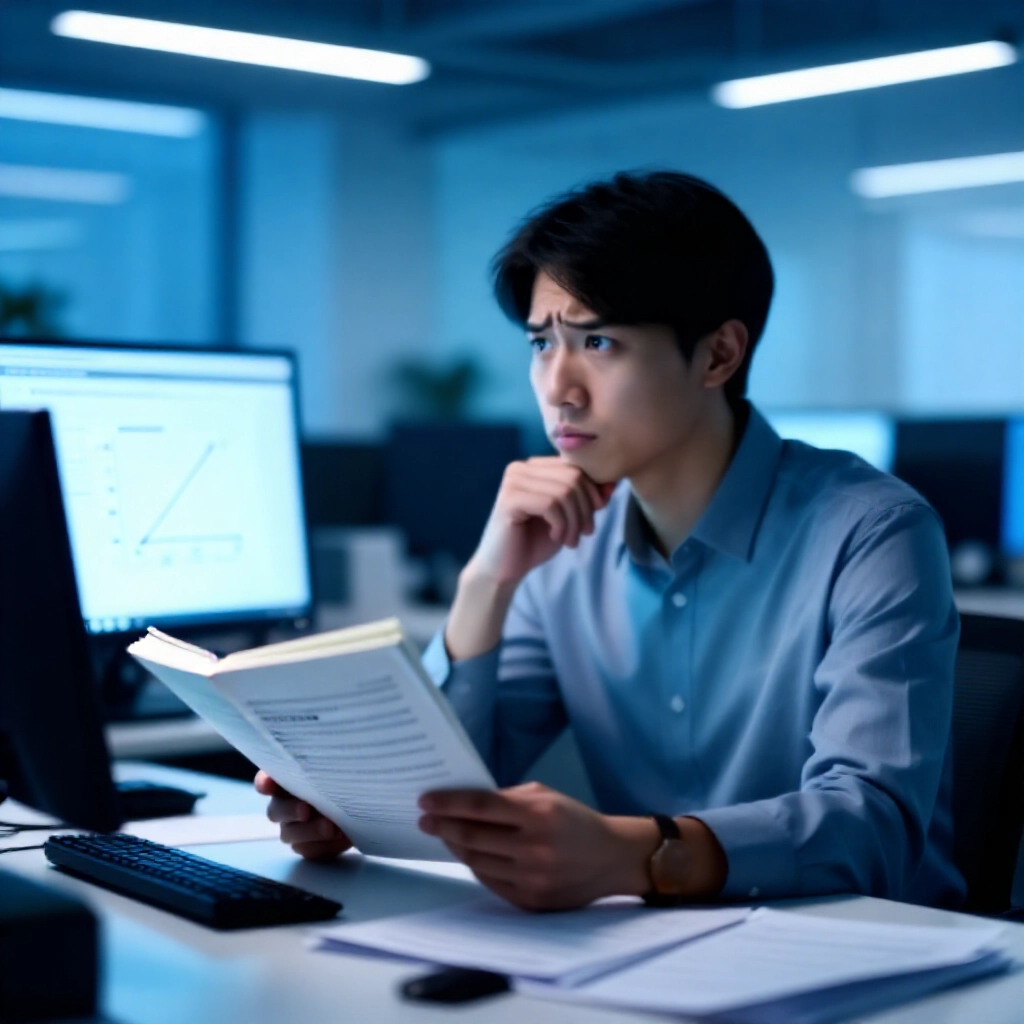 台灣工程師在藍光辦公室中，專注研究賽局理論書籍與機率圖表，螢幕顯示期望值圖解，露出困惑表情，營造專業氛圍