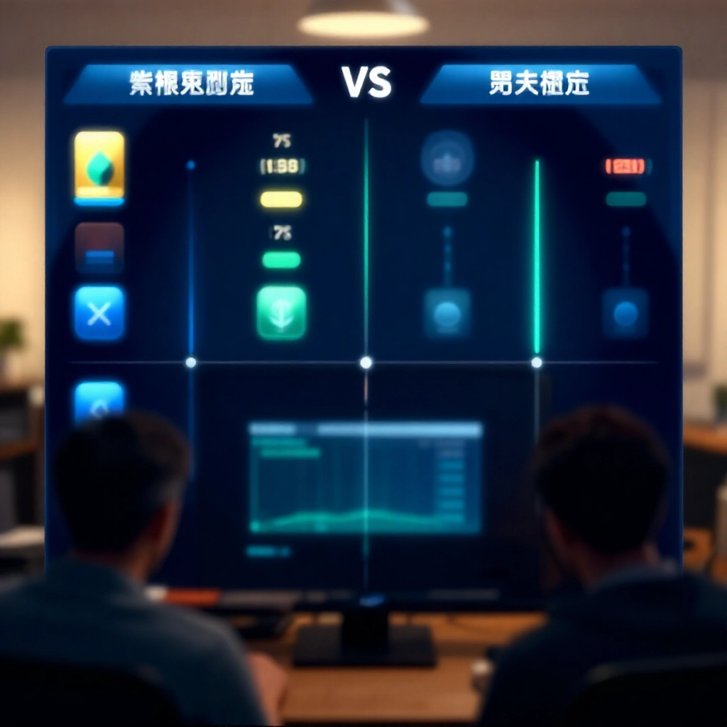 玩家介面分割比較自然旋轉與購買特色按鈕，資金計與決策圖表在策略氛圍下發光顯示