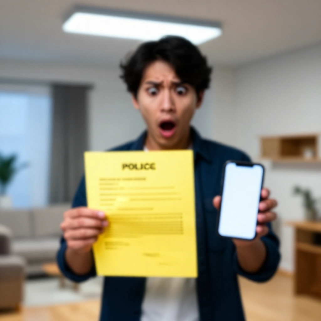 驚訝人士在現代公寓手持黃色警察傳票,旁邊手機顯示銀行帳戶凍結通知