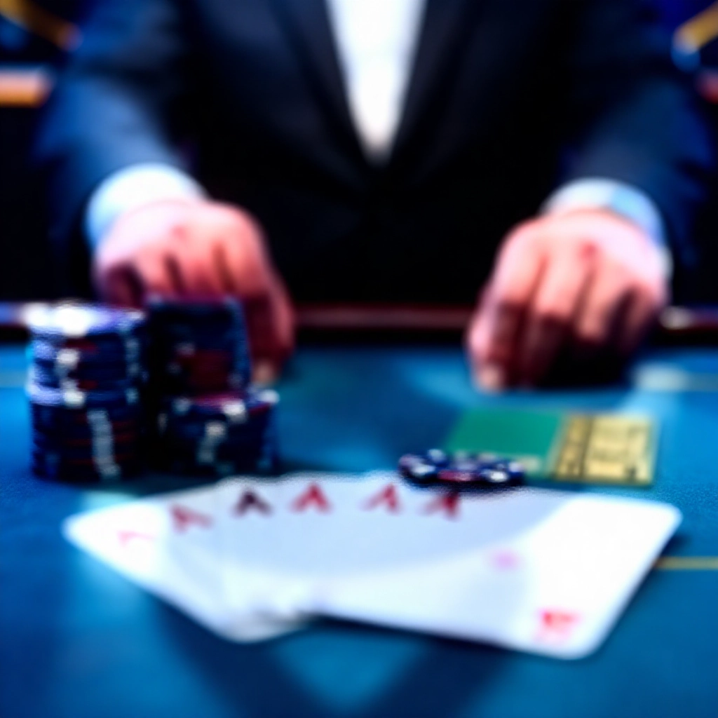 比較賠率場景,莊家勝扣5%佣金的籌碼堆與閒家全額賠付,豪華賭場藍調背景