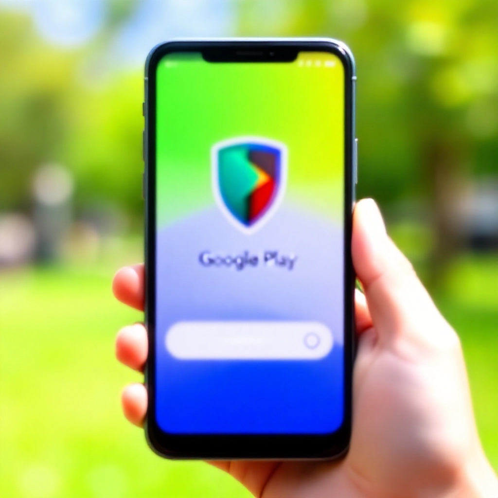 Android 手機戶外持握顯示 APK 下載進度條,未知來源權限開啟,旁邊 Google Play 保護盾圖示,明亮日光鮮豔色彩