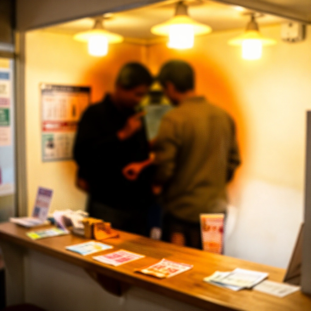 溫馨台灣彩券店內部，店員在暖黃燈光木櫃檯下指向彩票組合，散落彩色彩票票，親切資訊氛圍