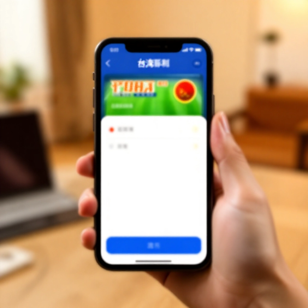 智慧型手機螢幕顯示台灣運彩 App 介面，包含足球投注選項與註冊步驟，年輕使用者在家舒適環境中持握