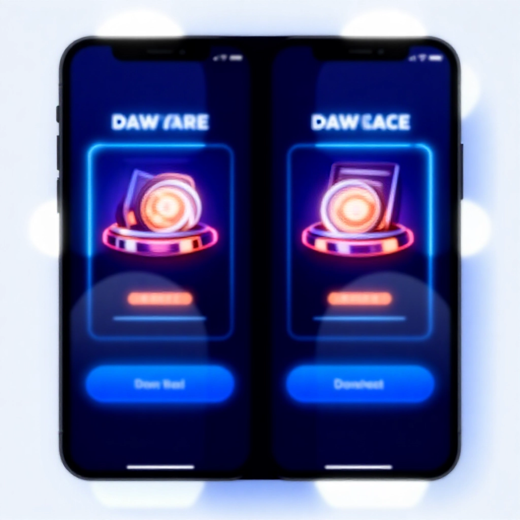 智慧型手機螢幕顯示兩個娛樂城 App 下載選項並排，霓虹藍色強調，現代深色介面發光按鈕，柔和環境光
