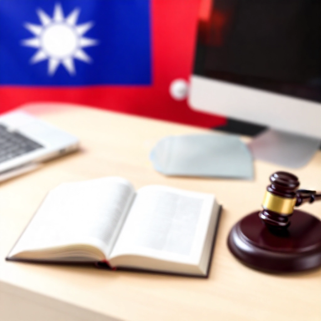 專業辦公桌上擺放開啟的辭典、木槌與台灣國旗，在明亮自然光下營造權威氛圍，伴隨運動球微妙陰影