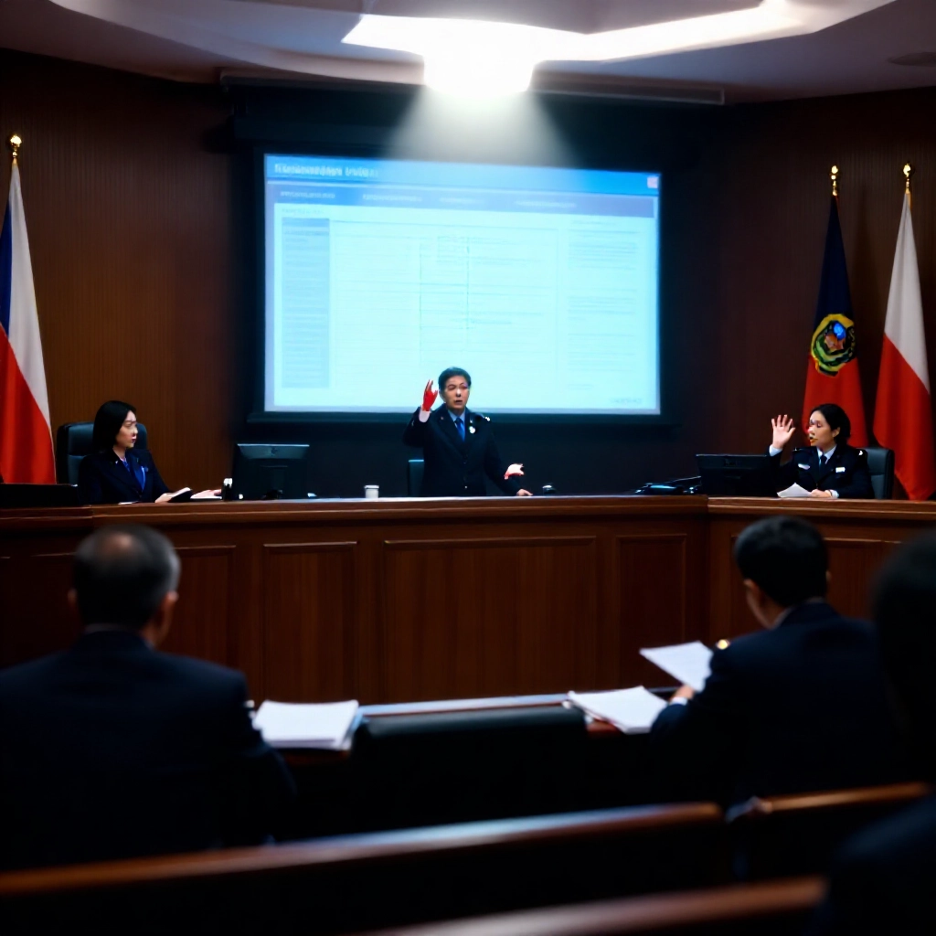 戲劇性聚光燈下的激烈法庭,律師指向顯示賭博法流程圖與警方報告的數位螢幕,周圍木椅與國旗