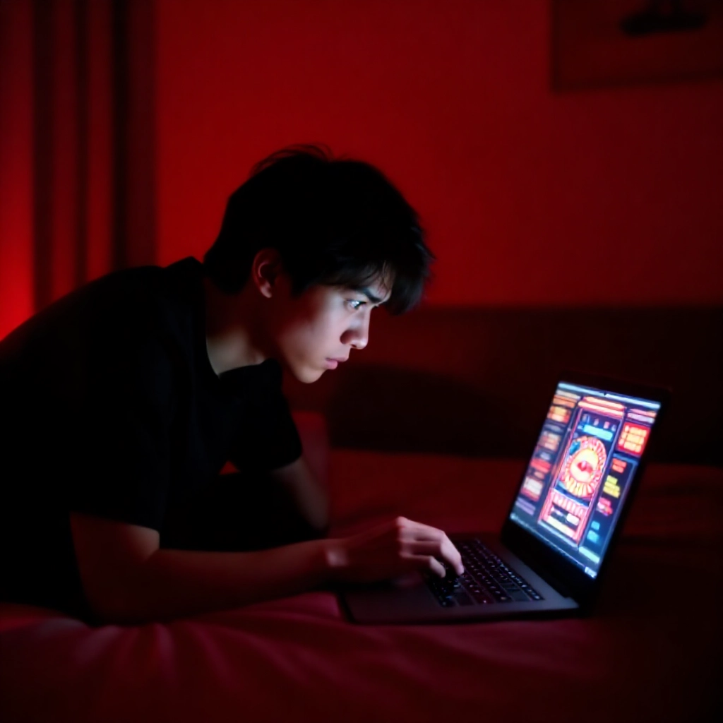 夜晚昏暗臥室中，一名緊張的台灣年輕男子彎腰盯著筆電螢幕，螢幕閃爍詭異紅光的賭場老虎機與輪盤，喚起深深懷疑與財務危機