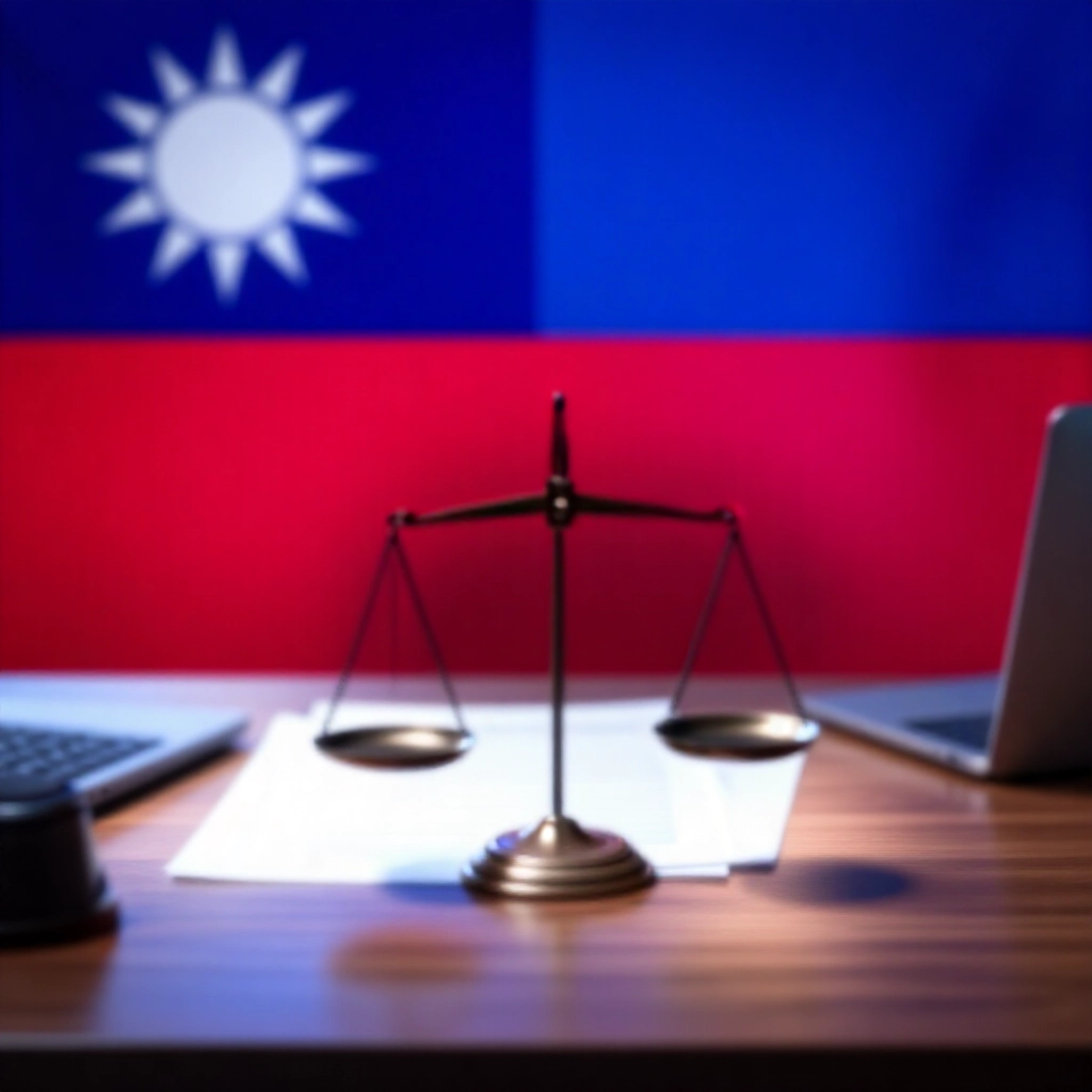 現代辦公桌上有法律文件、正義天平與台灣國旗,藍色柔光營造嚴肅專業氛圍,木質紋理細節清晰,充滿信賴感