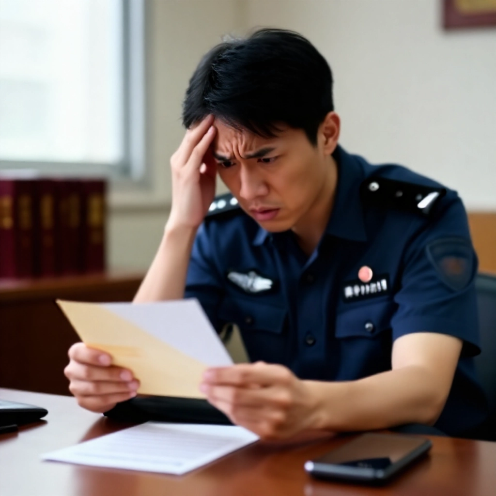 焦慮的個人在現代台灣公寓，手持警察局公文信封，擔憂表情閱讀賭博傳票通知，背景有法律書籍和準備法律諮詢的手機，中性日光從窗戶灑入