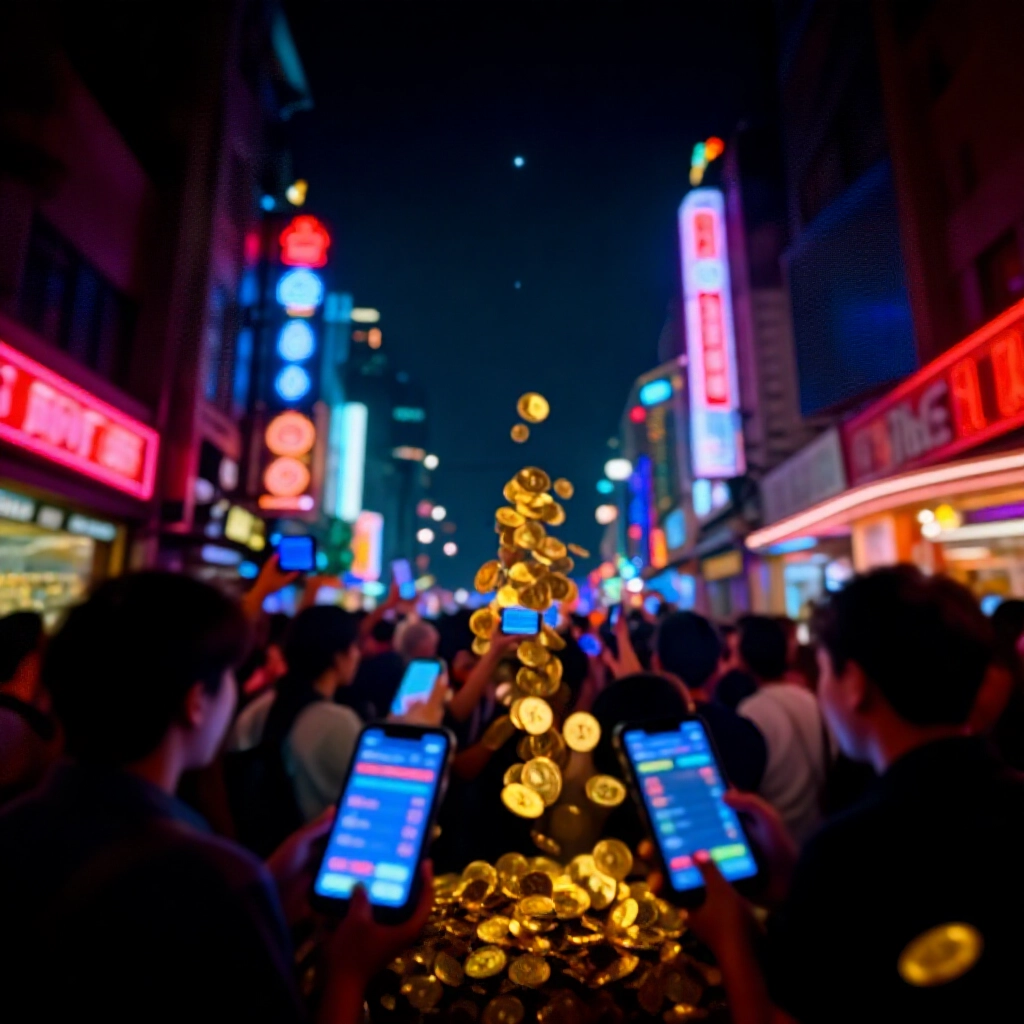 台北街頭霓虹燈光閃爍,手機螢幕顯示娛樂城排名金幣傾瀉,年輕玩家圍繞發光裝置興奮聚集的夜晚景象