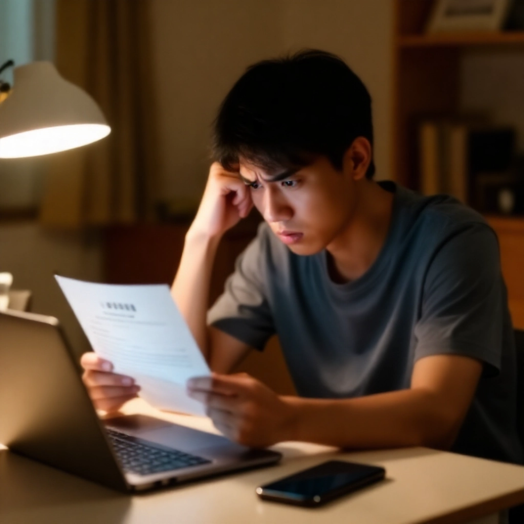 一位擔心的年輕台灣男子在簡樸公寓裡，坐在柔和燈光下的書桌前，焦慮地盯著警方正式通知函，旁邊有筆電和智慧型手機，臉部表情緊張，背景有些雜亂