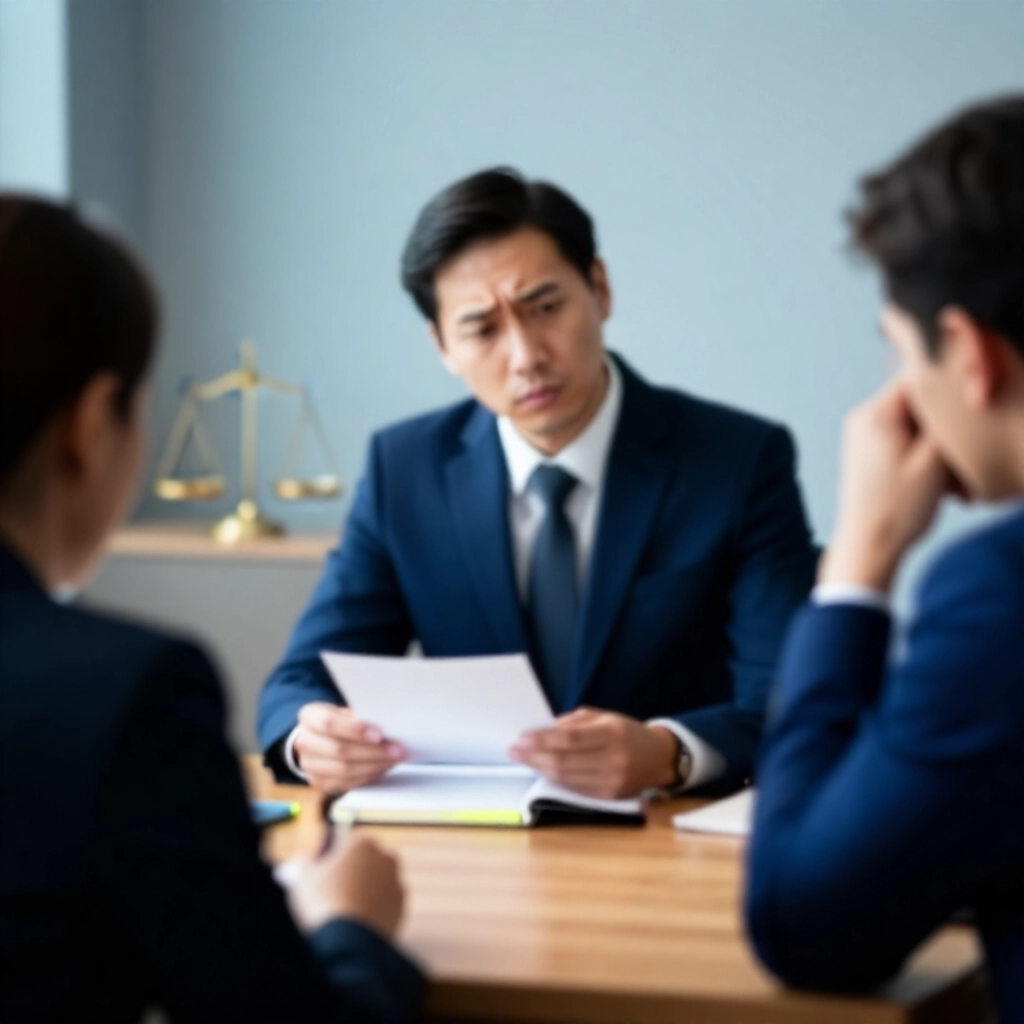 專業律師穿西裝向擔憂客戶解釋法律條文木桌現代辦公室專注表情開放筆記本螢幕正義天平背景柔和燈光