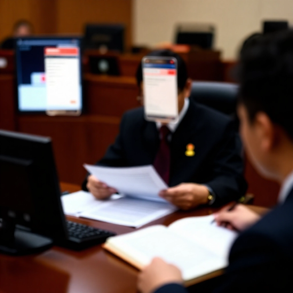 台北法庭內，法官審查線上賭博銀行轉帳數位證據與刑法書籍，聚焦文件營造法律審視氛圍