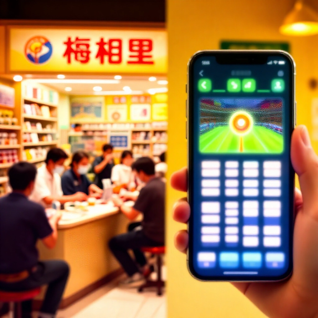 台灣樂透實體店櫃檯與手機運彩App分割畫面，充滿活力能量氛圍，暖金色調