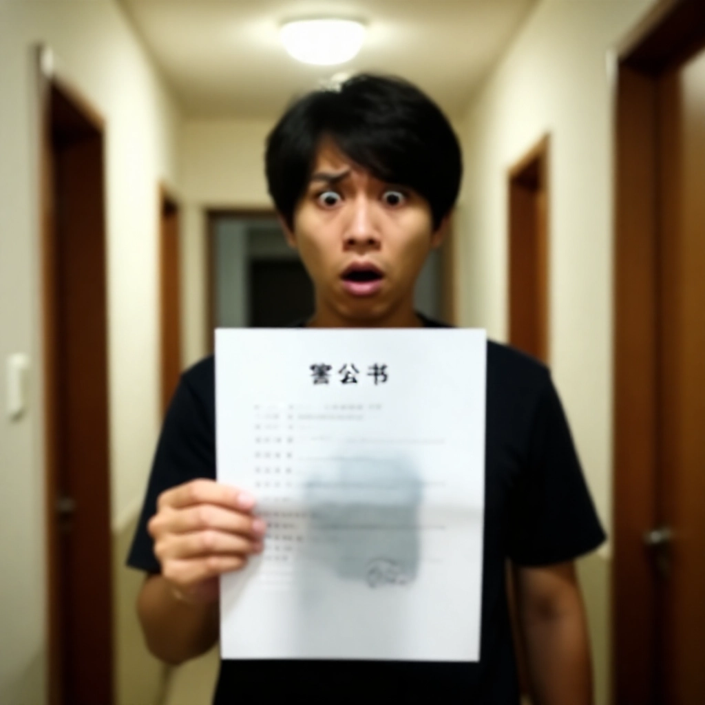震驚的人手持官方警察傳喚通知書，在台灣公寓走廊站立，柔和頂燈投射臉部陰影，強調焦慮與不確定感