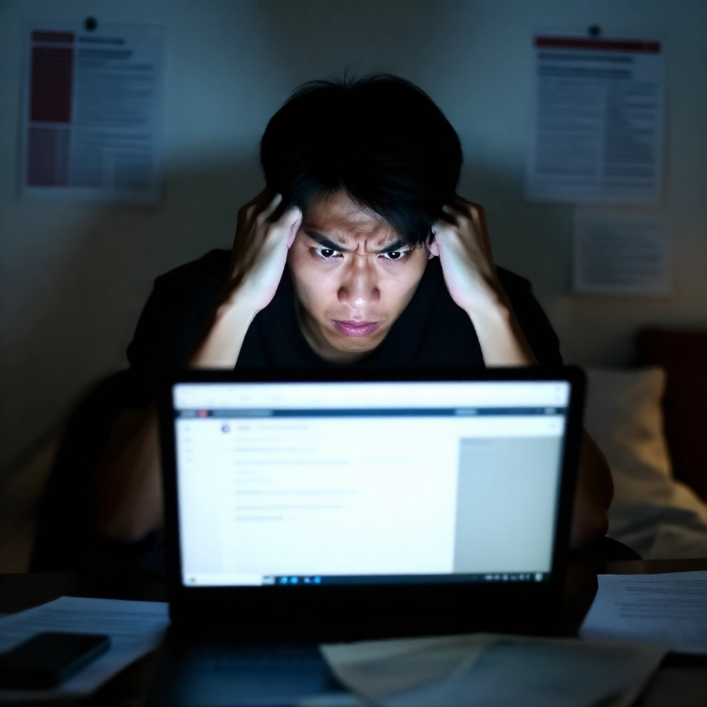 沮喪的台灣年輕男子深夜在昏暗臥室盯著滿是PTT娛樂城不出金詐騙故事的筆電螢幕，表情緊張，周圍散落投注筆記