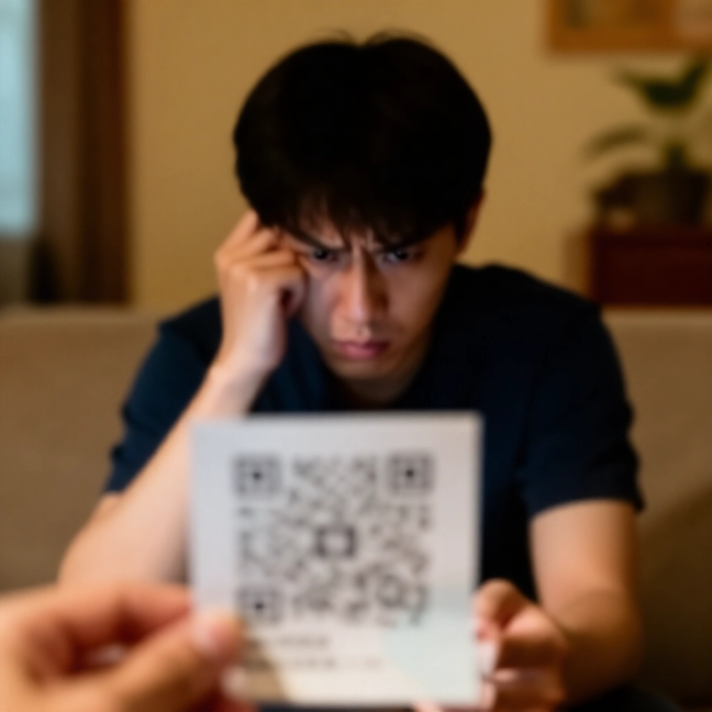 困惑的台灣玩家皺眉注視模糊刮損的QR Code與不清楚數字的刮刮樂彩票，在舒適客廳柔和晚間燈光下緊張氛圍
