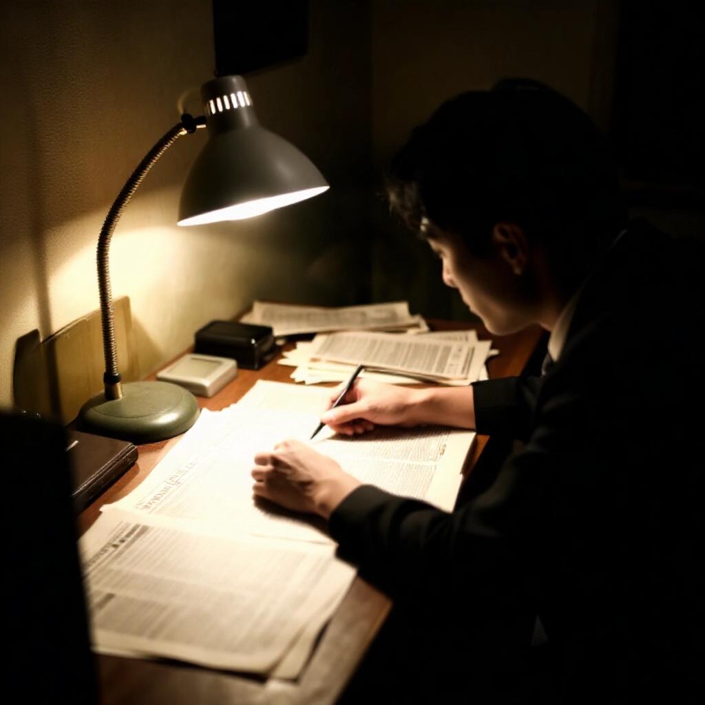 昏暗偵探風格房間，散亂擺放新聞剪報、銀行對帳單與時間軸，檯燈聚焦強調審查與謹慎的緊張氛圍