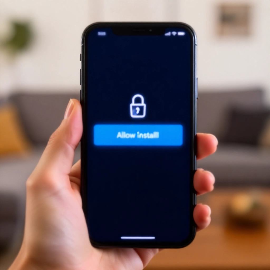 iPhone 設定介面特寫，手指點選裝置管理中的信任選項，螢幕白光在安靜工作空間中閃耀
