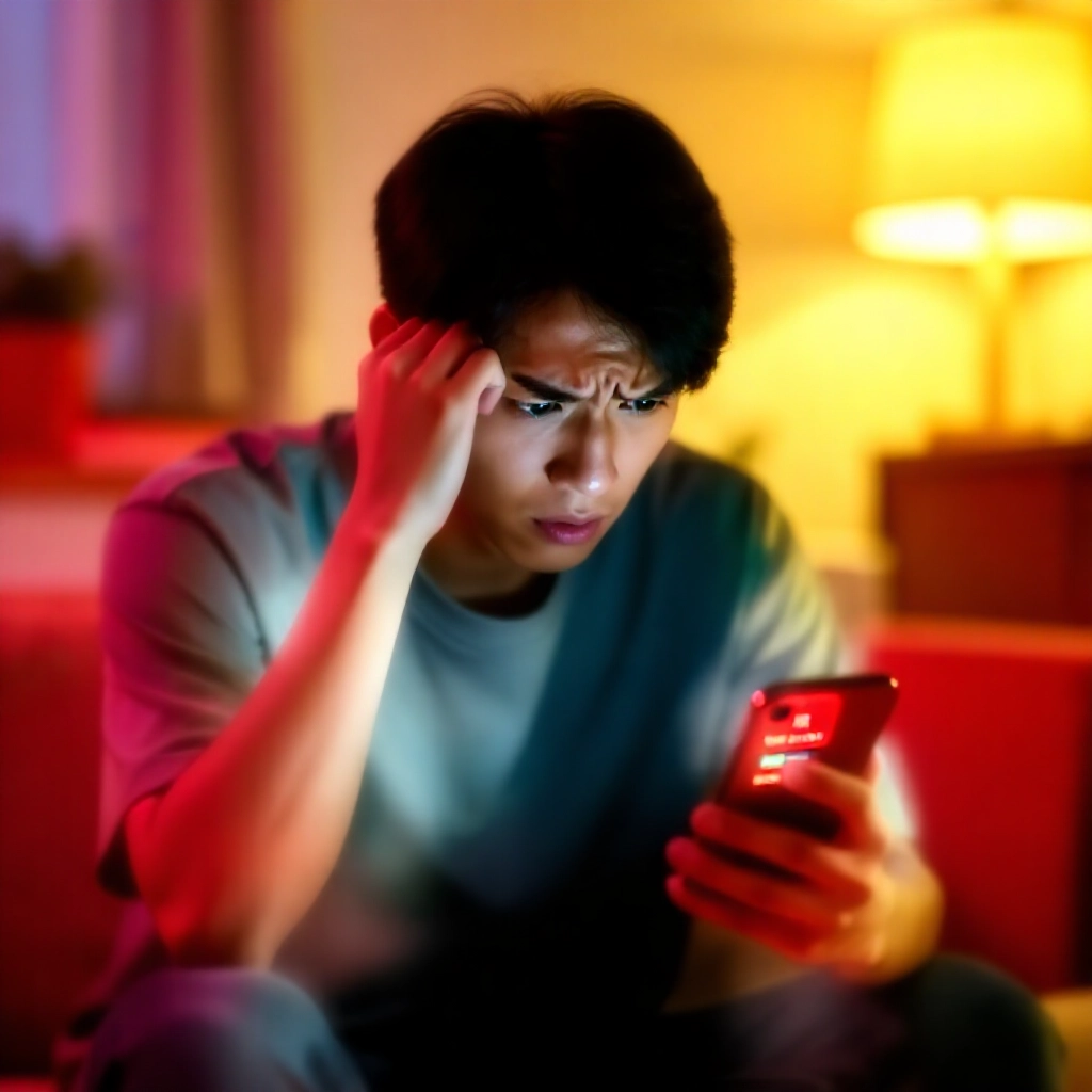 沮喪的年輕台灣男子在溫馨客廳專注盯著顯示紅色一般串關失敗與綠色過關組合部分中獎的智慧型手機螢幕，從失望轉為希望的氛圍