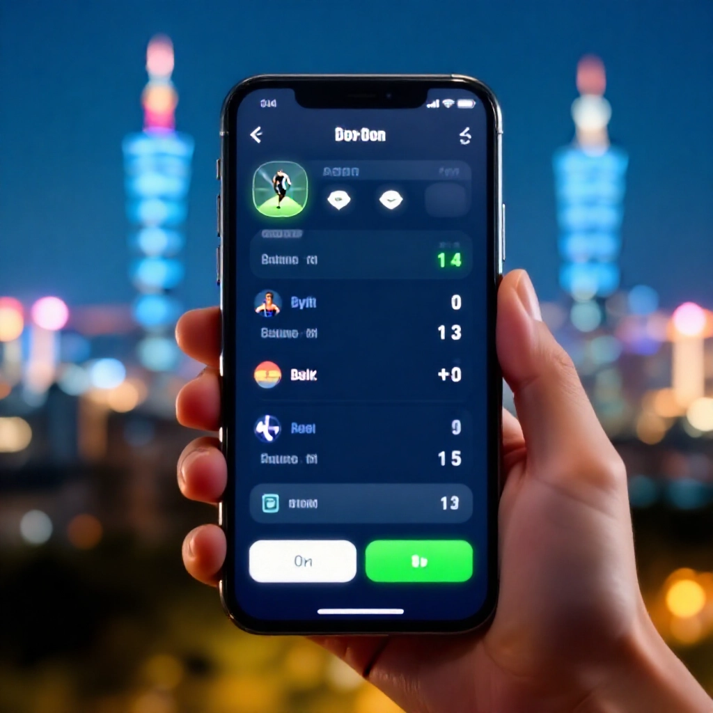 手持智慧型手機展示直覺深色模式體育 App 介面,無縫一鍵投注按鈕和即時滾球賠率更新,對比模糊的台灣都市夜景背景