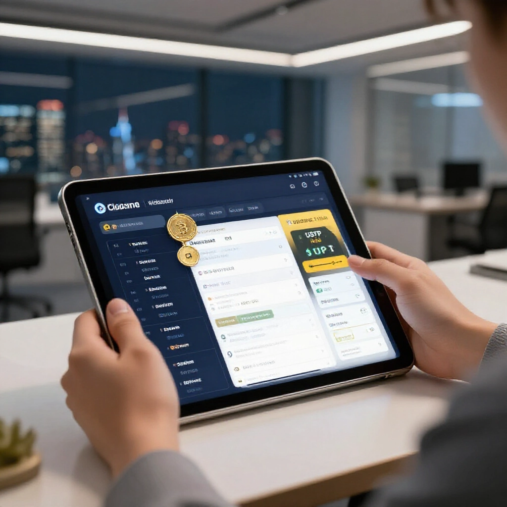 高額玩家在現代辦公室檢視加密貨幣出金圖表,比較銀行與 USDT 選項,金色強調平台指標,夜景窗外