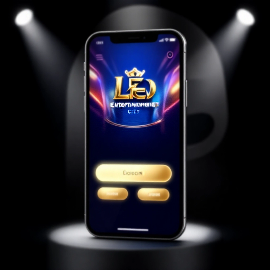 現代智慧型手機顯示生動的 LEO 娛樂城 App 介面,登入按鈕閃耀,金藍色奢華賭場主題,黑底戲劇性燈光