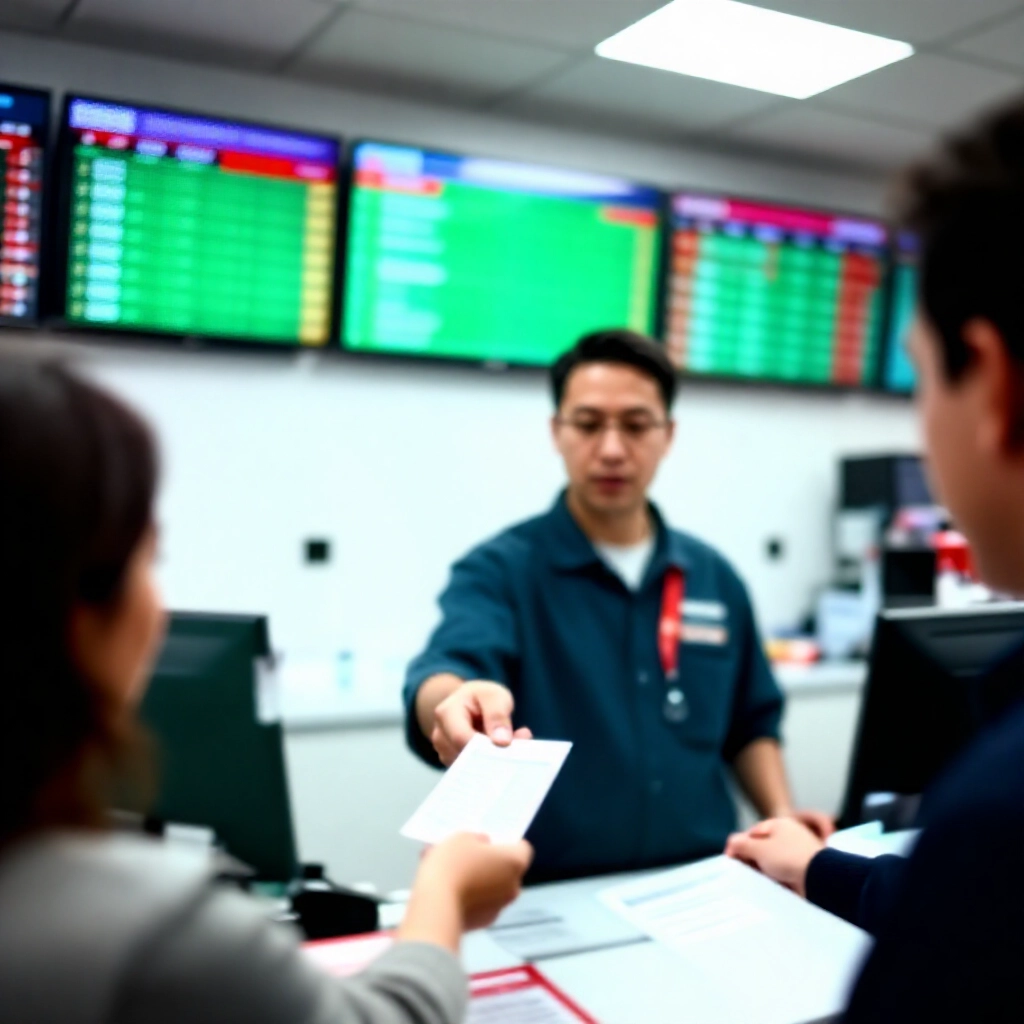 專業彩券行店員在燈光明亮的店內遞投注單給顧客,大螢幕顯示賽事賠率與球隊,營造信任與活絡氣氛