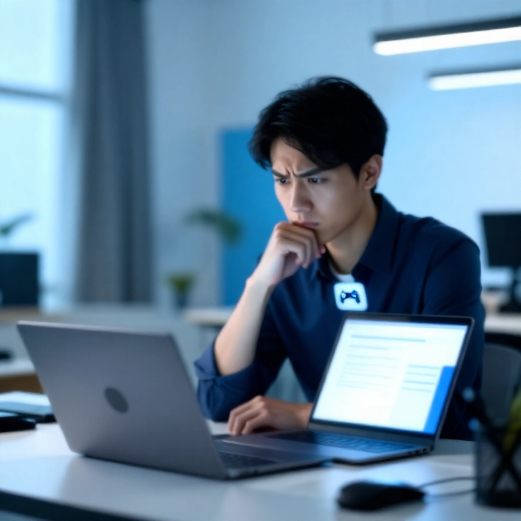 一位年輕台灣上班族在現代居家辦公室中,凝視顯示線上遊戲圖示與法律文件的筆電,藍色日光營造清晰慎思氛圍