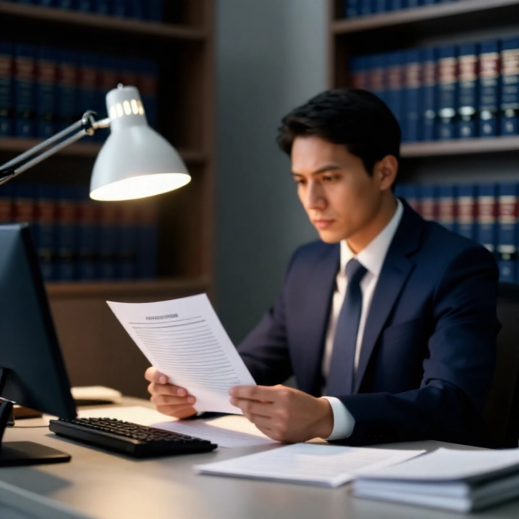 現代律師事務所,專注律師在溫暖檯燈下檢視印製刑法頁面,周圍深藍灰色調法律書籍架,營造嚴肅權威氛圍