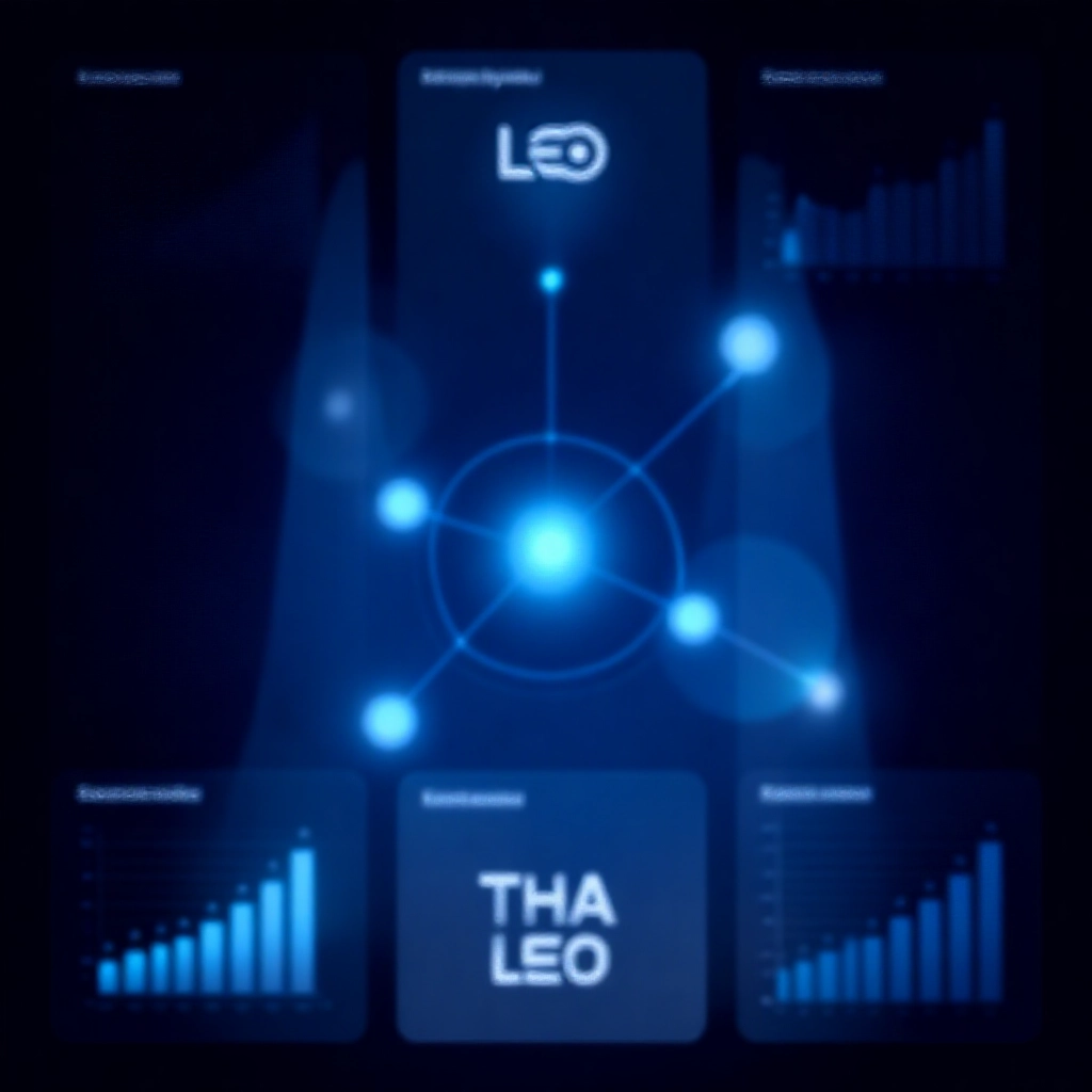 THA、九州與 LEO 品牌間的互聯技術圖表，深藍色專業財務風格圖表與穩定系統視覺