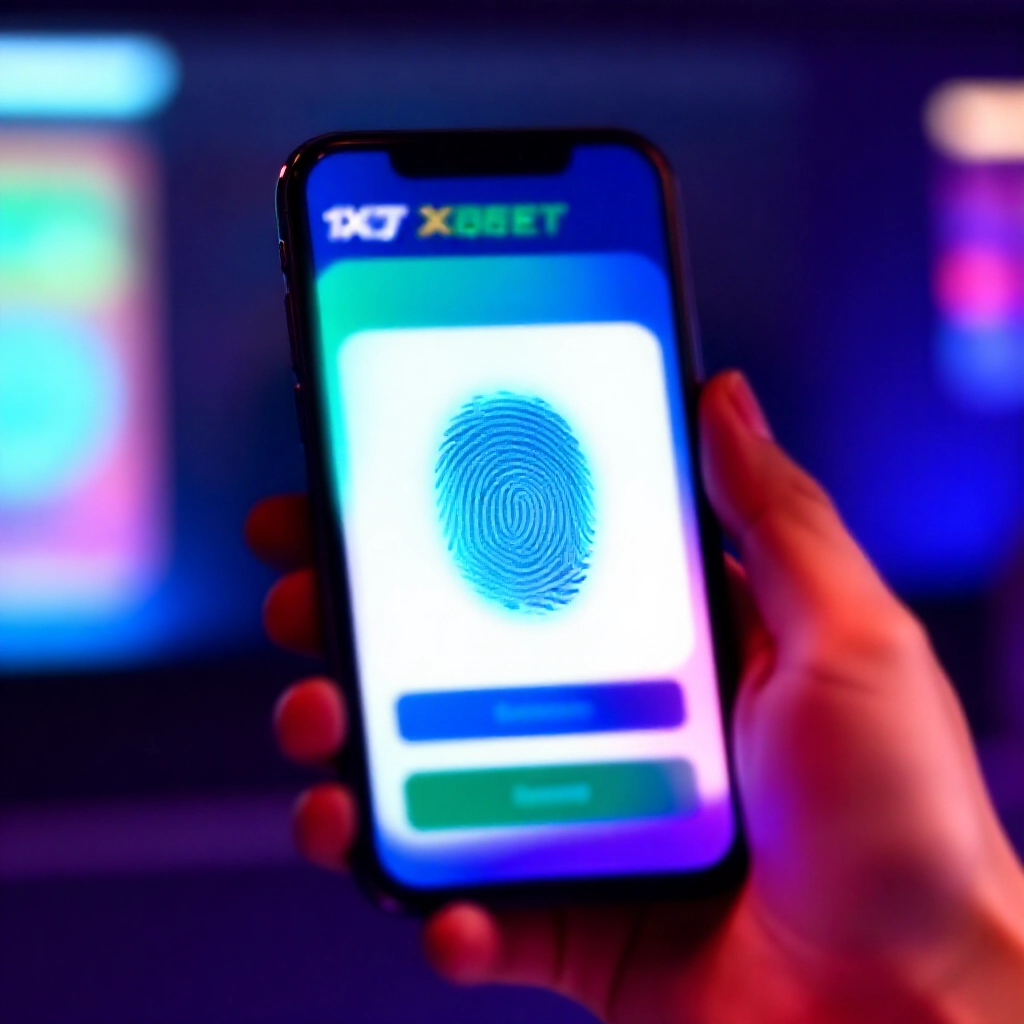 手中握持的智慧型手機顯示1xbet App指紋登入掃描，螢幕發光鮮豔色彩，動感行動使用者場景