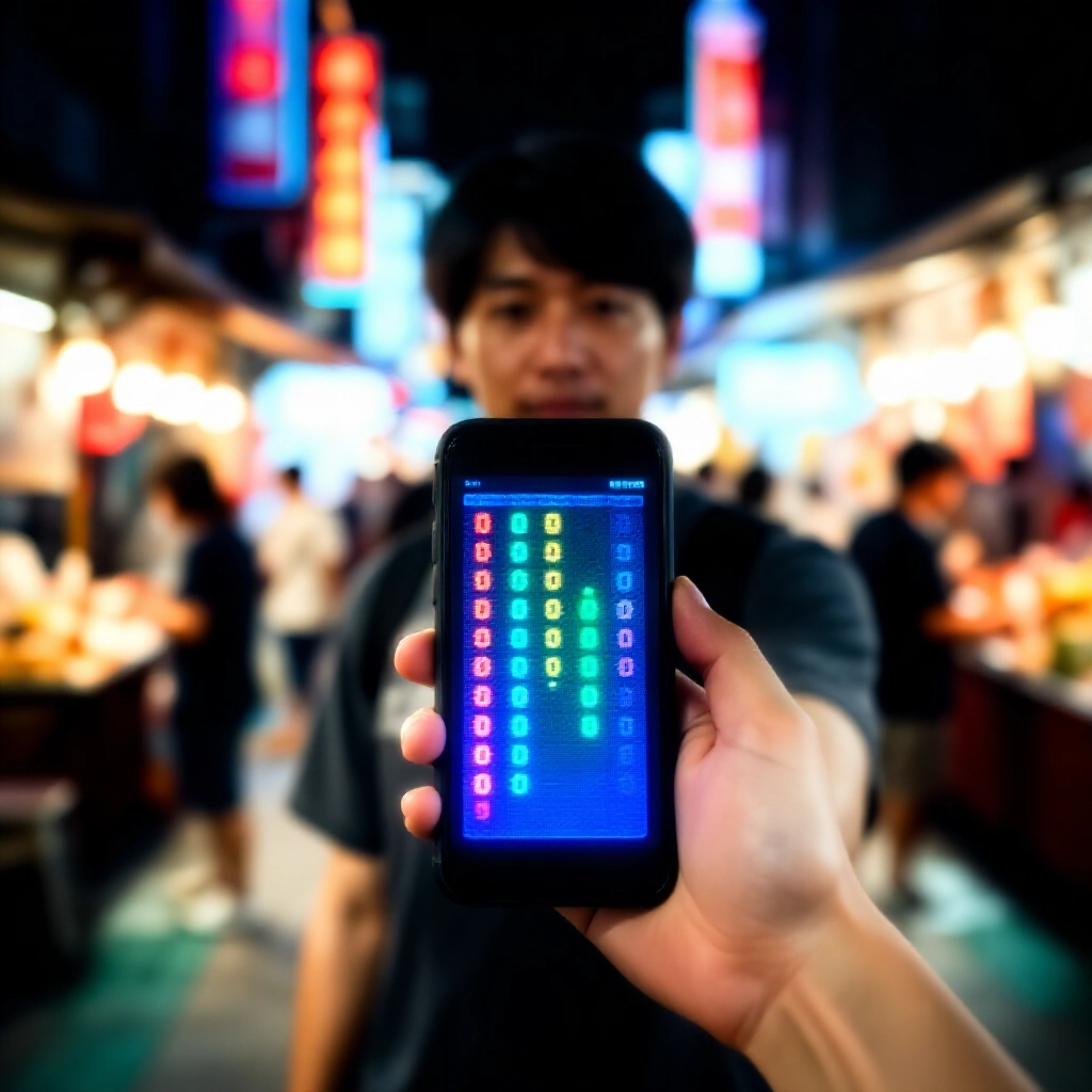 台灣男子在霓虹燈街頭手持顯示彩券號碼與比較圖表的智慧型手機，周圍夜市攤位熱鬧非凡